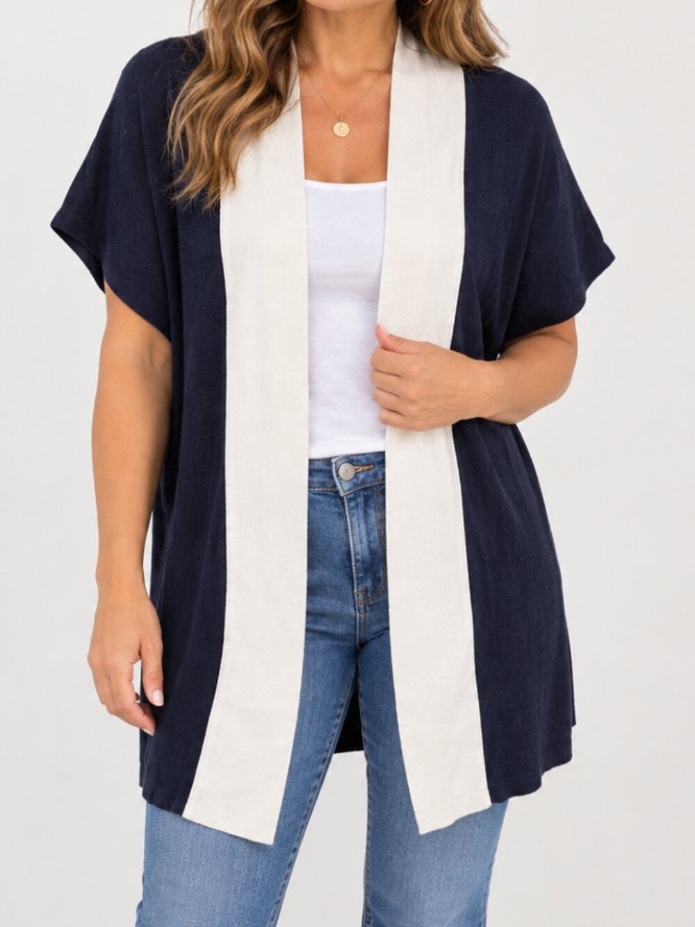 Chico's Navy Blue & Cream Eva Cardigan Career Oversized Cable Knit Preppy Large